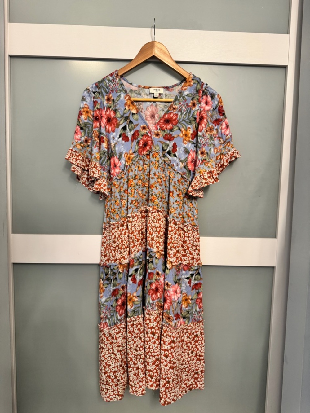 Tiered Floral Midi Dress in Light Blue and Rust by Umgee